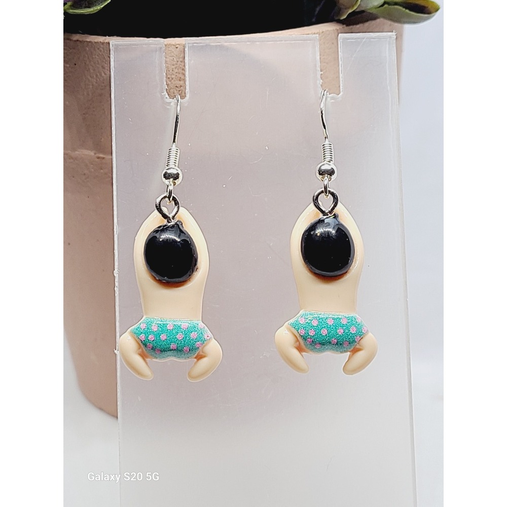 Handmade Novelty Swimmer Drop Earrings Teal Polka Dot Swimsuit Jewelry Summer